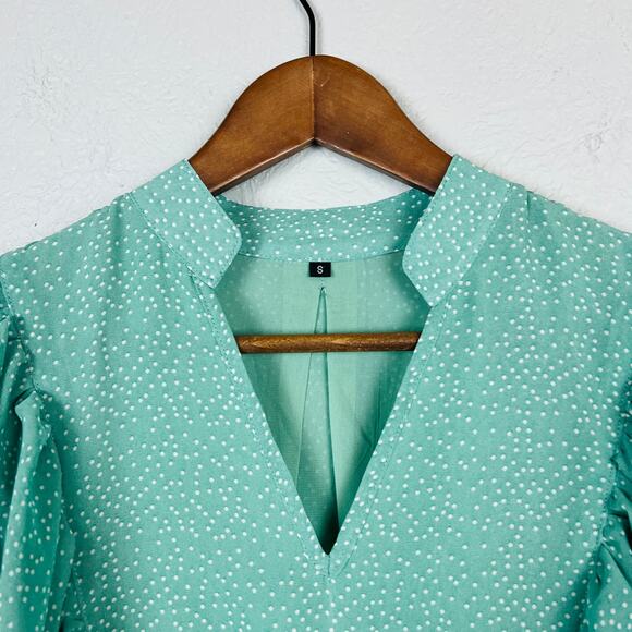 Tiered Dress Polka Dot V Neck Long Sleeve Mint Green - S - Picture 3 of 7